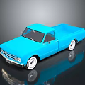 Classic Blue Pickup Truck With White Rims And Reflective Black Background