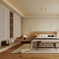 Modern Minimalist Bedroom Interior With Wooden Bed Nightstand Area Rug And Window