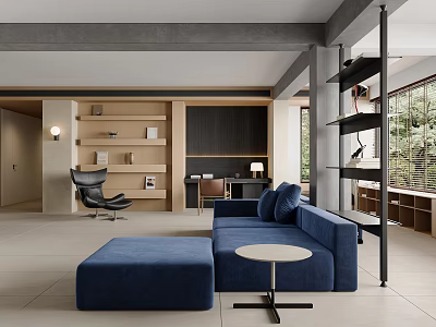 Modern Living Room Interior With Blue Sofa Ottoman Round Coffee Table And Wooden Shelves 3d model