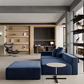 Modern Living Room Interior With Blue Sofa Ottoman Round Coffee Table And Wooden Shelves