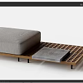 Outdoor Sofa with Wooden Frame and Gray Cushions on Slatted Base Including Side Table