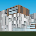 Modern Office Building With Red Roof Glass Curtain Walls And Pedestrian Green Areas