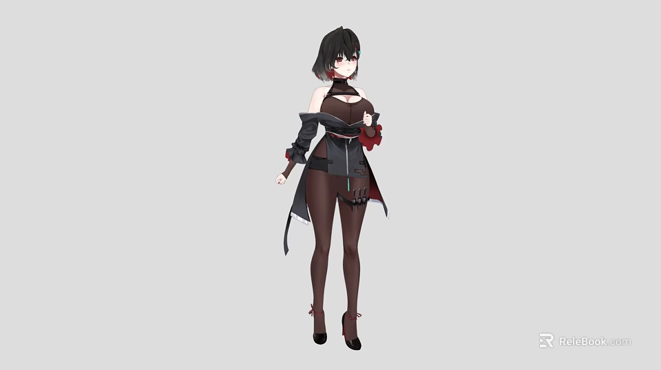Woman With Black Short Hair Red Eyes Wearing Off Shoulder Top Black Coat And Heels 3d model 