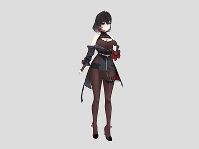 Woman With Black Short Hair Red Eyes Wearing Off Shoulder Top Black Coat And Heels 3d model