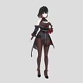 Woman With Black Short Hair Red Eyes Wearing Off Shoulder Top Black Coat And Heels