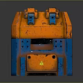 Orange And Blue Commercial Equipment Toolbox With Metallic Texture Warning Sign And Yellow Symbols