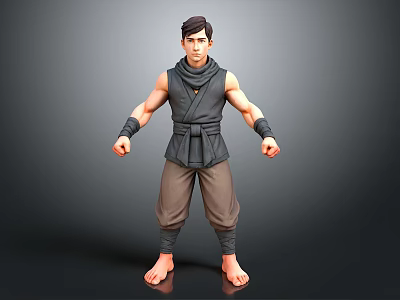 3D Model Man Wearing Sleeveless Dark Vest Brown Pants Arm Wraps Barefoot Standing Pose 3d model
