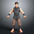 3D Model Man Wearing Sleeveless Dark Vest Brown Pants Arm Wraps Barefoot Standing Pose