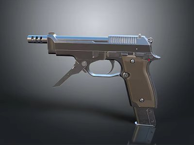 Tactical Pistol with Metallic Silver Body Brown Grip Shiny Barrel Trigger on Black Reflective Surface 3d model