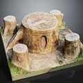 Rustic Wooden Stump Model with Stone Base and Green Grass Decor 3d model