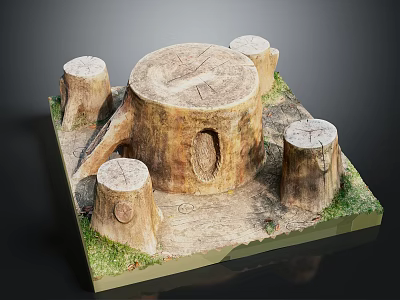 Rustic Wooden Stump Model with Stone Base and Green Grass Decor 3d model