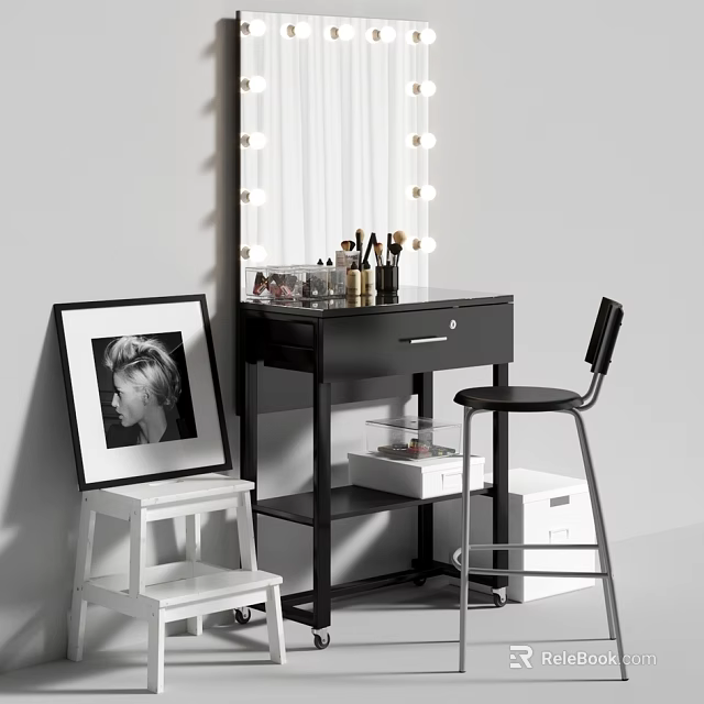 Modern Black Dressing Table With Lighted Mirror Cosmetics Black Chair And White Stool 3d model 