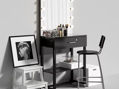 Modern Black Dressing Table With Lighted Mirror Cosmetics Black Chair And White Stool 3d model