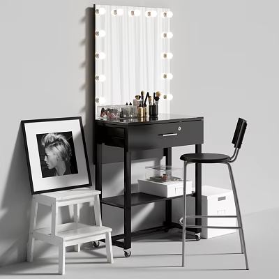 Modern Black Dressing Table With Lighted Mirror Cosmetics Black Chair And White Stool 3d model