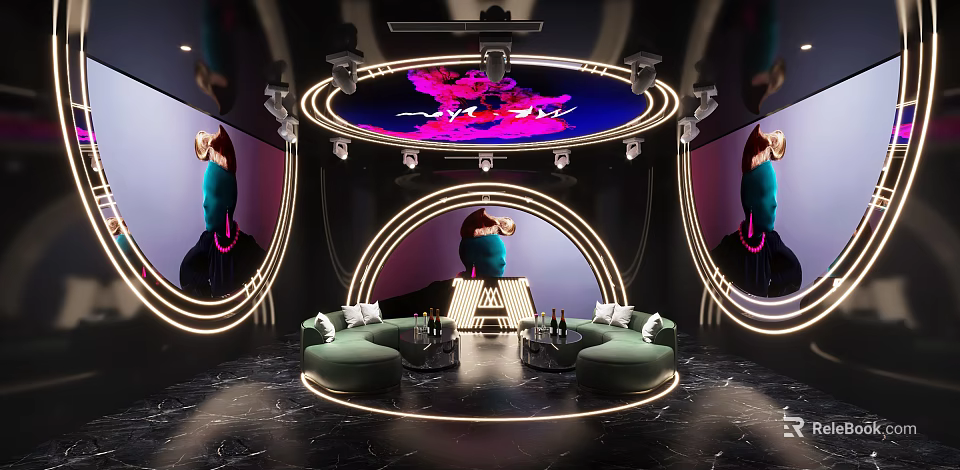 Contemporary KTV Interior With Green Circular Sofas Neon Lighting Large Screens And Decorative Paintings 3d model 