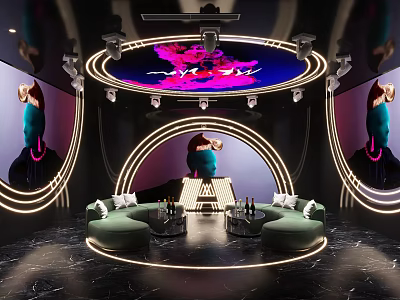 Contemporary KTV Interior With Green Circular Sofas Neon Lighting Large Screens And Decorative Paintings 3d model