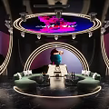 Contemporary KTV Interior With Green Circular Sofas Neon Lighting Large Screens And Decorative Paintings