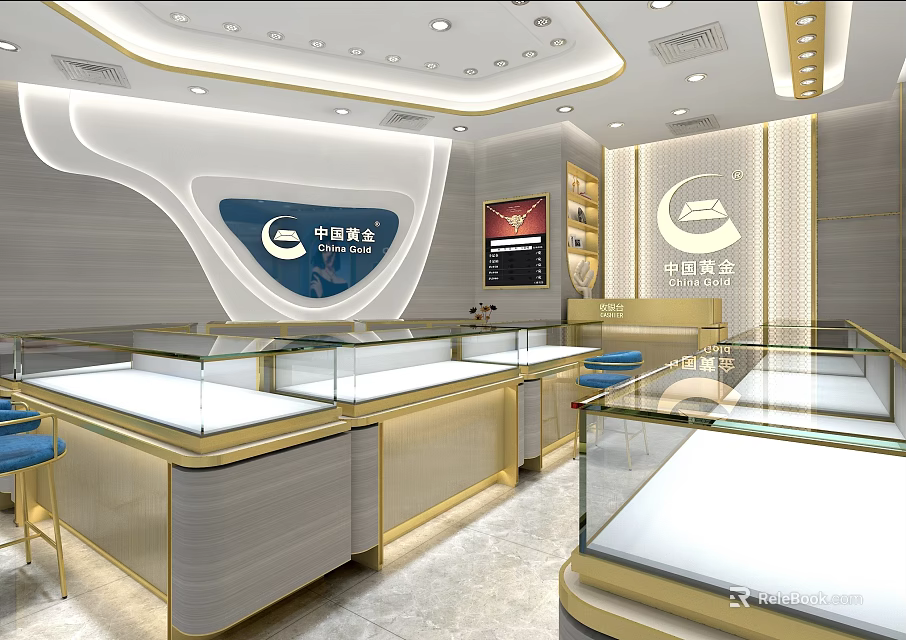 China Gold Jewelry Store Modern Interior With Glass Display Counters Warm Lighting And Elegant Cabinets 3d model 