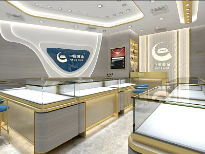 China Gold Jewelry Store Modern Interior With Glass Display Counters Warm Lighting And Elegant Cabinets 3d model