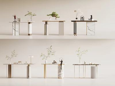 Modern Console Tables with Marble Tops and Metal Frames Decorated with Green Plants and Ornaments 3d model