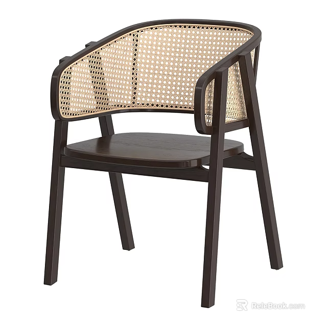Minimalist Leisure Chair Featuring Dark Wooden Frame And Woven Rattan Backrest 3d model 