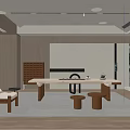 Modern Tea Room Interior Design With Wooden Long Table Low Stools And Fireplace