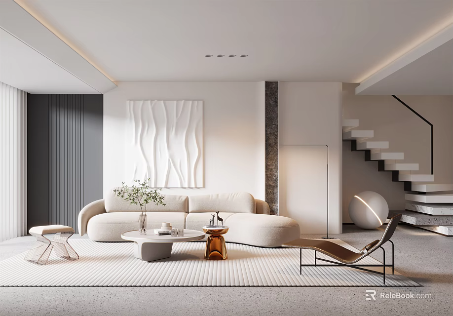 Modern Minimalist Living Room Interior With White Sofa Decorative Painting Rug Floor Lamp And Staircase 3d model 