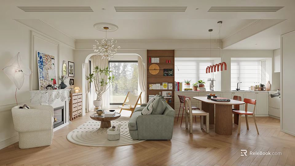 Cozy Living and Dining Room Interior With Chandelier Sofa Dining Table And Wooden Floor 3d model 