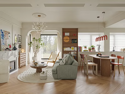 Cozy Living and Dining Room Interior With Chandelier Sofa Dining Table And Wooden Floor 3d model