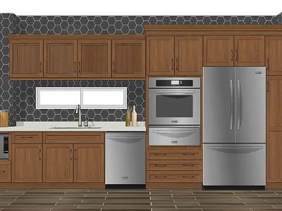 Wooden Kitchen Cabinets With Stainless Steel Appliances Hexagon Tile Backsplash Sink And Window 3d model
