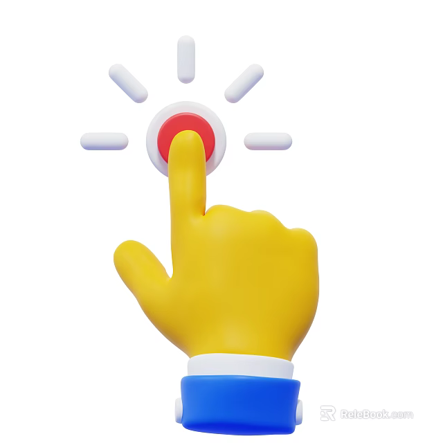 Cartoon Style Yellow Hand Pressing Red Button With White Light Rays Around 3d model