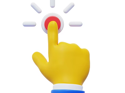Cartoon Style Yellow Hand Pressing Red Button With White Light Rays Around 3d model