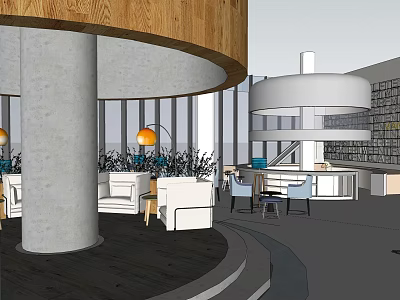 Modern Leisure Area With Circular Wooden Ceiling Sofas Floor Lamps And Green Plants 3d model