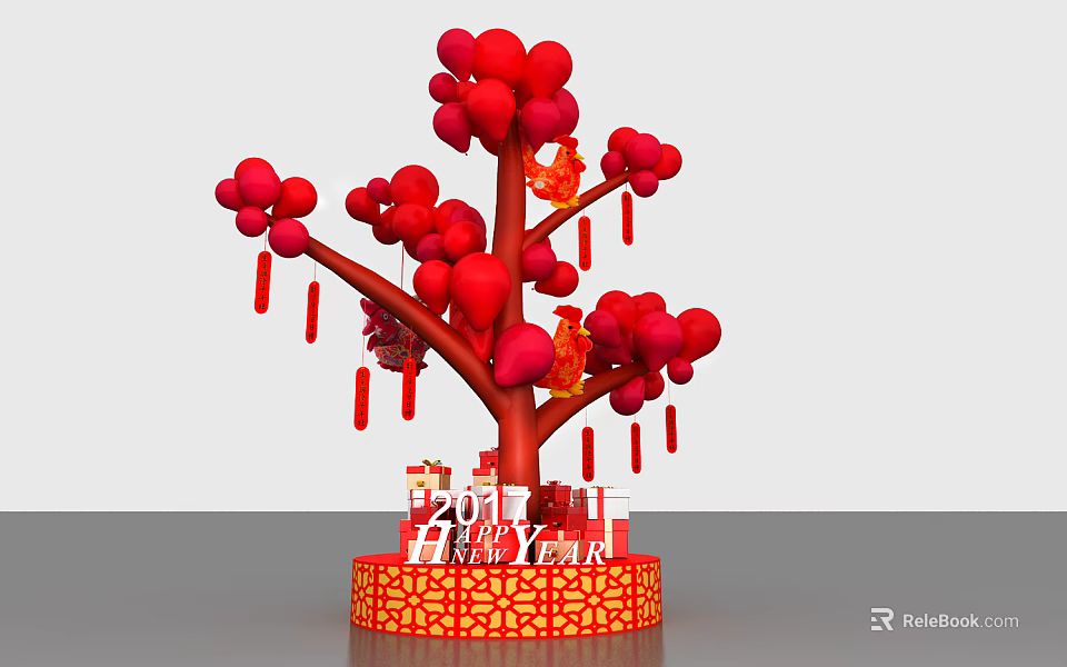 New Year Decoration Red Balloon Tree With Red Lanterns Tassels 2024 Happy New Year 3d model 