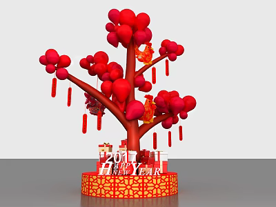 New Year Decoration Red Balloon Tree With Red Lanterns Tassels 2024 Happy New Year 3d model