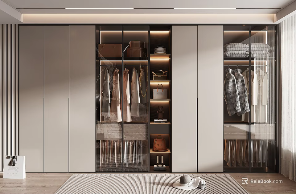 Modern Wardrobe Interior Design With Glass Doors Hanging Clothes And Storage Bags 3d model 