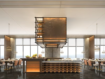 Modern Restaurant Interior With Large Windows Central Wine Rack Bar And Hanging Lights 3d model