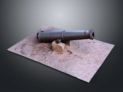 Antique Black Cannon Placed On Square Stone Platform With Support Blocks 3d model