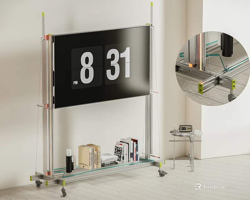 Modern TV Stand with Mounted TV Books Decor Items and Rolling Wheels 3d model 