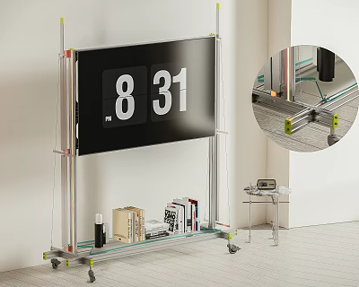 Modern TV Stand with Mounted TV Books Decor Items and Rolling Wheels 3d model