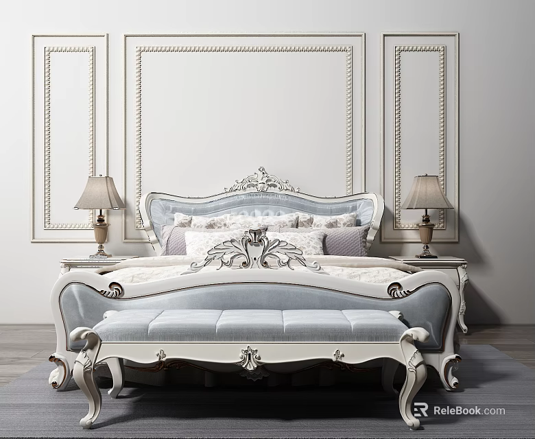 Ornate Double Bed With Light Blue Upholstery White Frame Nightstands Table Lamps And Matching Bench 3d model 