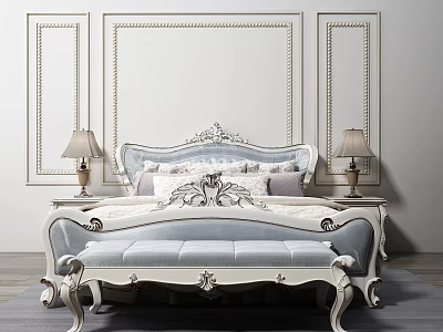 Ornate Double Bed With Light Blue Upholstery White Frame Nightstands Table Lamps And Matching Bench 3d model