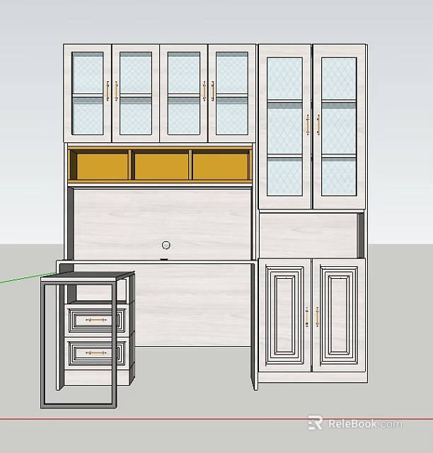 Classic White Bookcase Design With Glass Doors Yellow Shelves And Drawers 3d model 