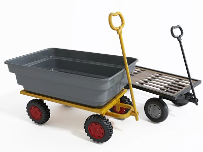 Gray Utility Cart With Yellow Handle Red Wheels And Black Slatted Flatbed 3d model