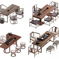 Traditional Chinese Tea Table and Chairs Set with Solid Wood Frame and Matching Stools 3d model