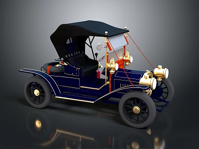 Classic Dark Blue Vintage Car With Black Top Gold Accents And Retro Headlights 3d model
