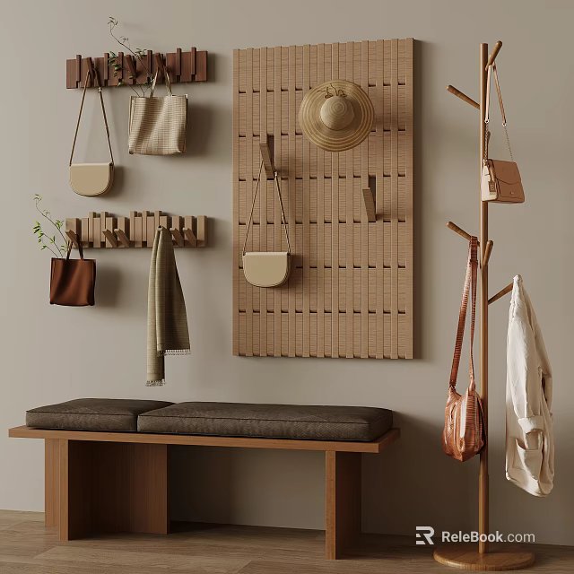 Minimalist Wooden Wall Hooks Organizing Bags Hat Scarf On Beige Wall With Bench 3d model 