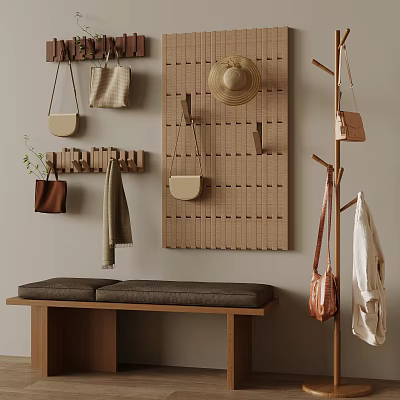 Minimalist Wooden Wall Hooks Organizing Bags Hat Scarf On Beige Wall With Bench 3d model