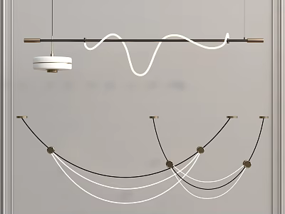 Stylish Modern Pendant Light Featuring Curved White Lines And Metallic Rod Structure 3d model