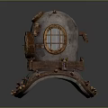 Vintage Brass Diving Helmet With Circular Glass Window And Ornate Metal Details